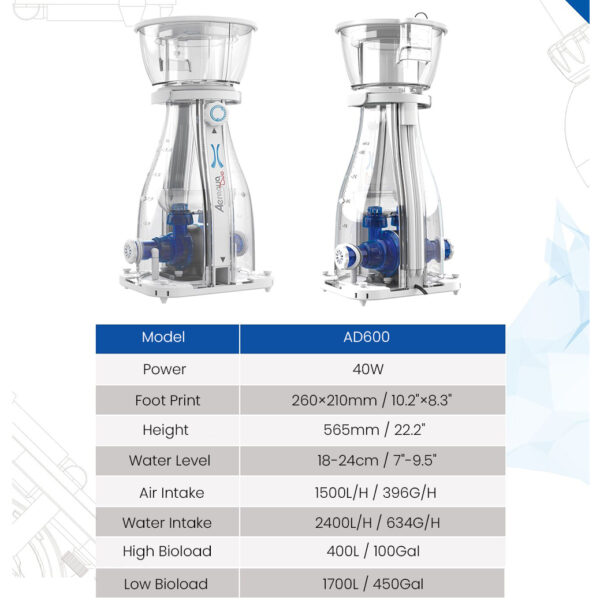 Aeraqua Duo AD600 40W DC Flow iOS/Android App Control Dual-Intake Dual-Needle Wheel Overflow Protection Protein Skimmer - Image 10
