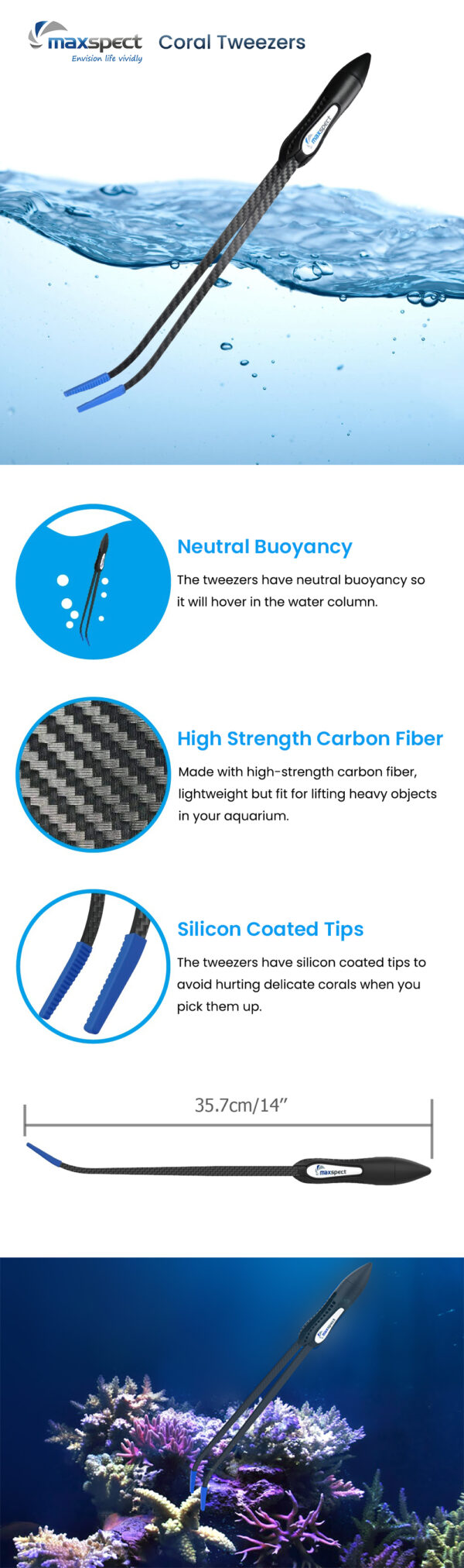 Maxspect Neutral Buoyancy High Strength Carbon Fiber Silicon Coated Tips Saltwater Aquarium Coral Tweezers for Marine Coral Reef Fish Tank - Image 8