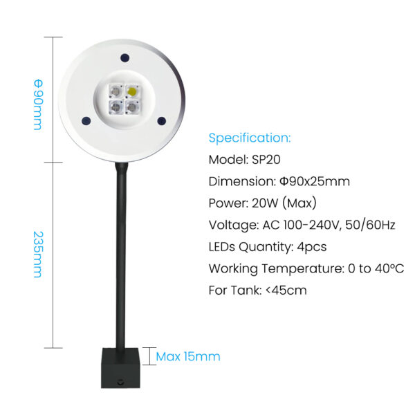Spectra SP20 20W Full Spectrum Dimming Timing Marine Saltwater Freshwater Refugium Fish Tank Nano LED Aquarium Light - Image 8